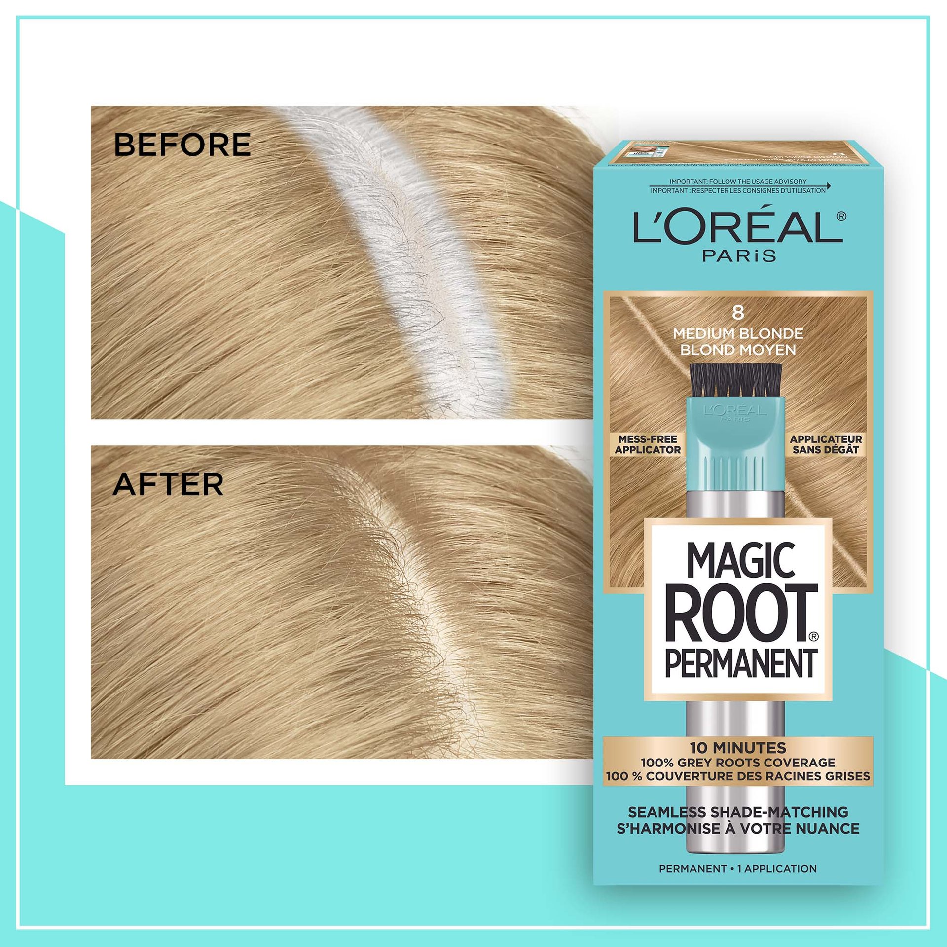 Hair before and after using Magic Root Permanent 8 Medium Blonde